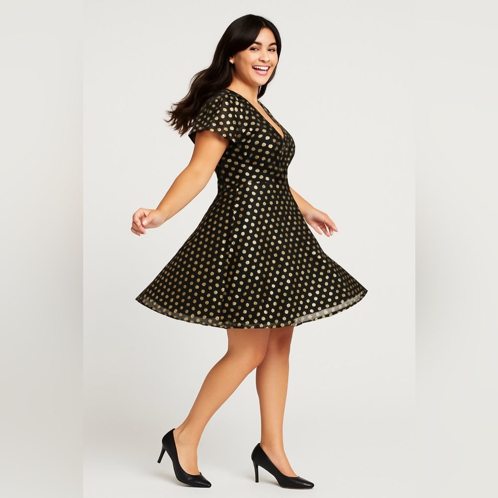 Torrid Black Polkadot Gold Flutter Sleeve Mini Dress, Large, NWT! - Picture 13 of 16